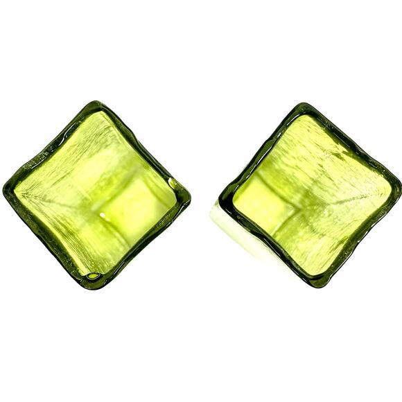 Art Glass MCM Pale Yellow Green Crackle Glass Rectangular 10" Vintage Vases-Pair - Picture 6 of 9